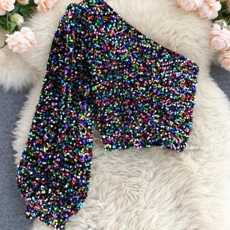Blue Glitter One-Shoulder Top