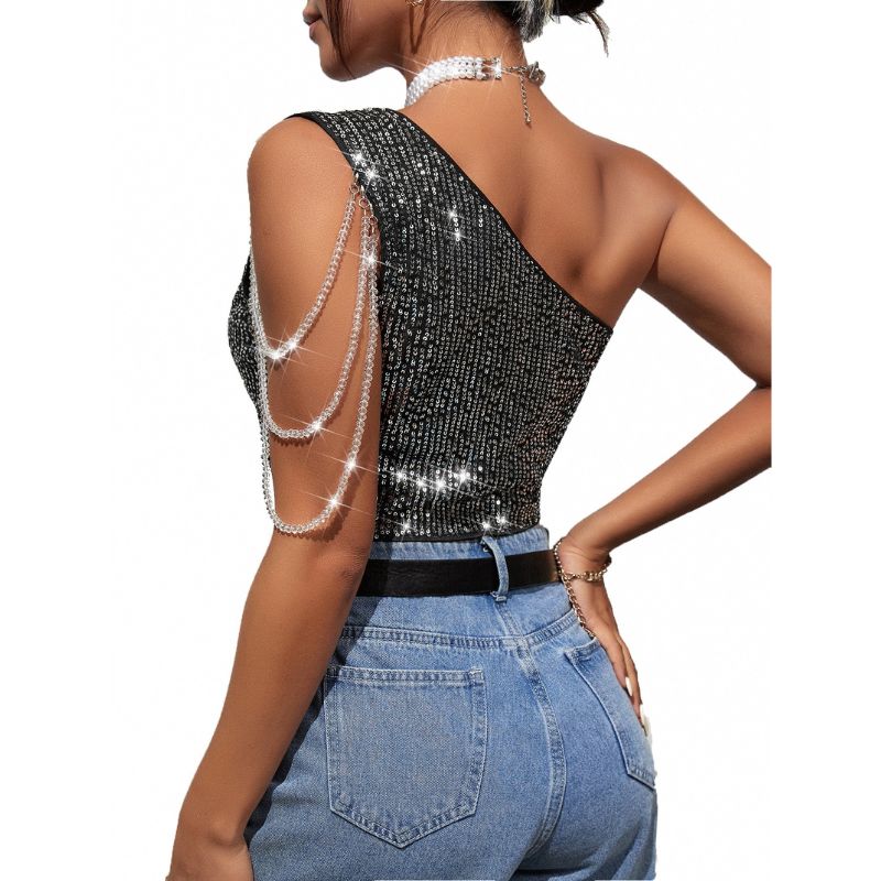 One-Shoulder Glitter Crop Top
