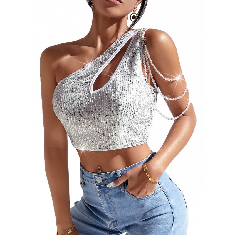 One-Shoulder Glitter Crop Top