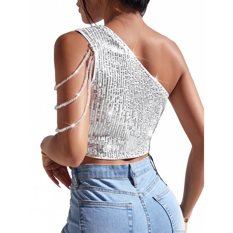 One-Shoulder Glitter Crop Top