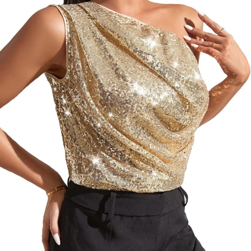 One Shoulder Glitter Top Gold