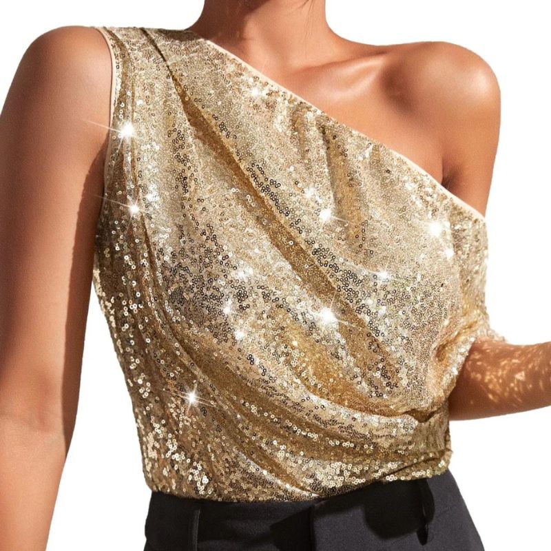 One Shoulder Glitter Top Goud
