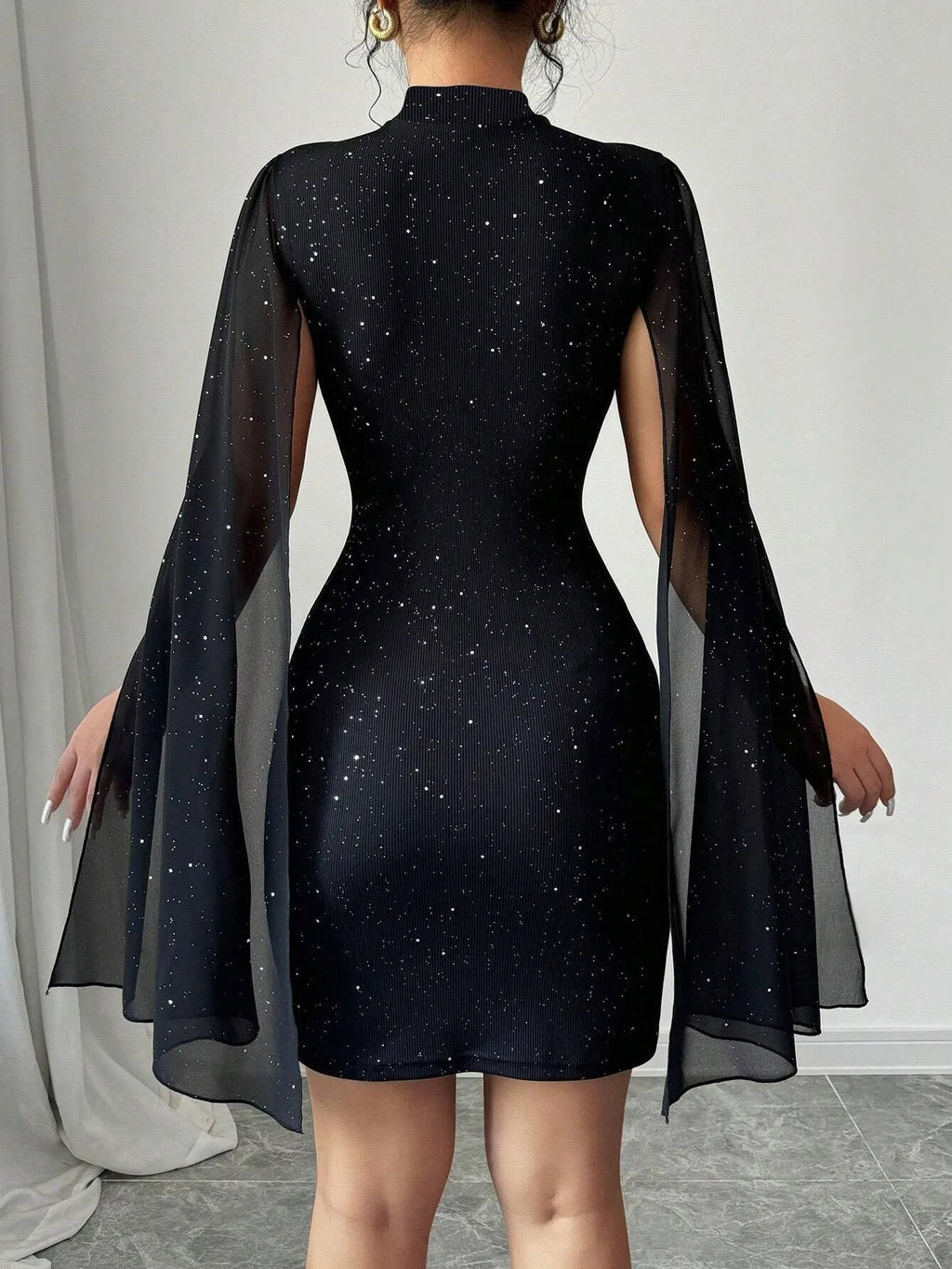 Sequined Black Long-Sleeved Dress