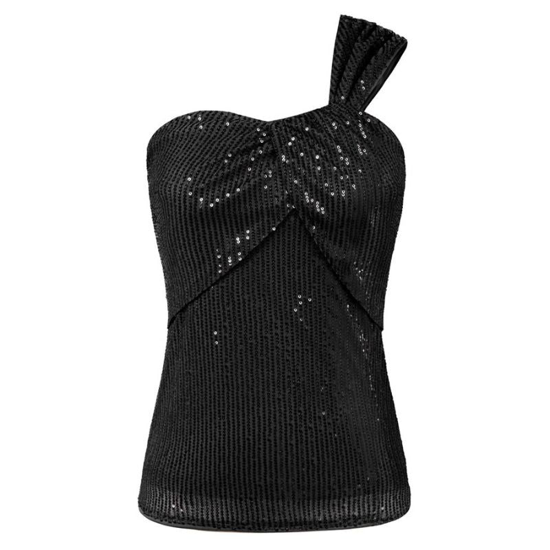 one shoulder top zwart glitter